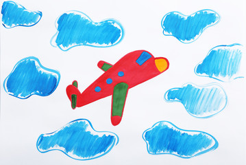 Canvas Print - Colorful children painting of red airplane on white background