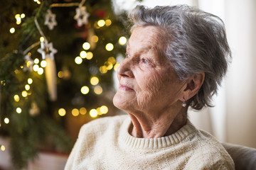 A portrait of a senior woman in wheelchair at home at Christmas time.