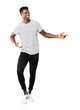 Full body of Dark skinned man with striped shirt enjoy dancing while listening to music at a party on white background