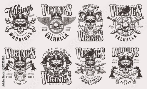 Vintage monochrome viking labels set
