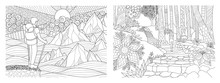 Travelling In Nature Adult Coloring Pages Collection. Vector Illustration