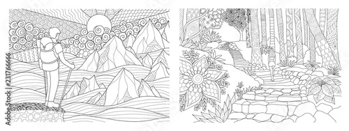 Travelling in nature adult coloring pages collection. Vector illustration
