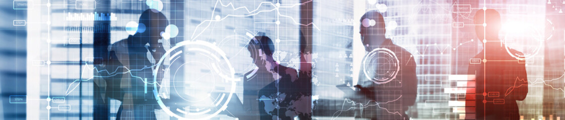 Wall Mural - business digital interface with graphs, charts, icons and timeline on blurred background. website he