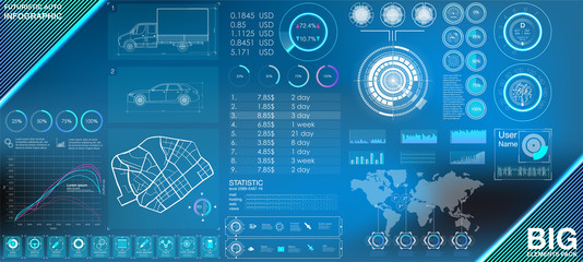 Modern auto infographic vector template with statistics graphs and car parts and accessories. Diagram template and chart graph, graphic information visualization illustration.