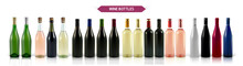 A Large Set Of Photo-realistic Wine Bottles On A White Background With Shadow And Reflection. Mocap For Advertising Red, White And Rose Wine.
