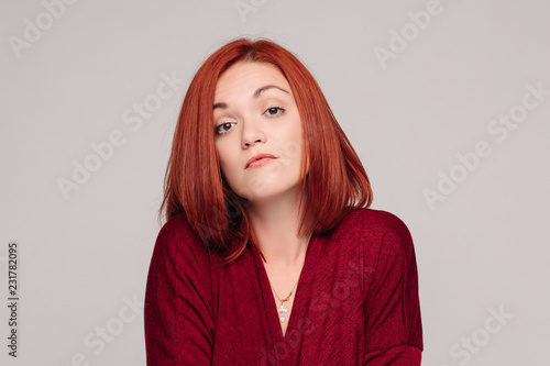 Front View Of Beautiful Business Woman Wearing In Red With