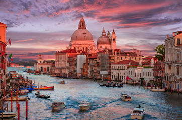 Cityscape view on Santa Maria della Salute basilica in sunset in Venice, Italy