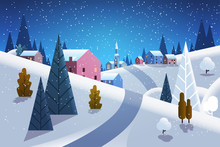 Night Winter Village Houses Mountains Hills Landscape Snowfall Background Horizontal Flat Vector Illustration