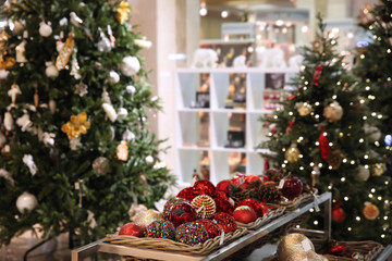 very beautiful christmas background with christmas trees and large colorful balls