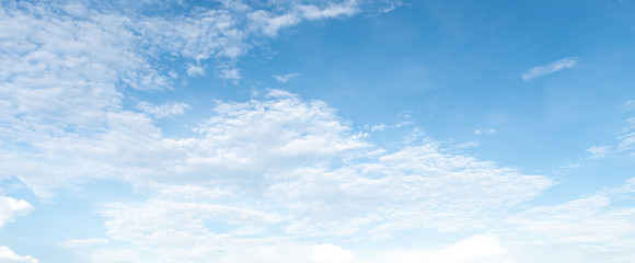 Panorama of clear blue sky with white cloud background. Clearing day and Good weather in the morning.