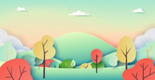 Nature Landscape Background Paper Art Style With Summer And Autumn Concept.Vector Illustration.