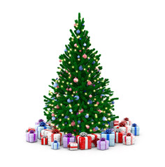 Decorated Christmas tree and gift boxes isolated on white background
