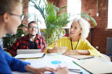 Wall Mural - Confident mature professional explaining her opinion about one of organization points to colleague