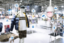 Machine Learning Analytics Identify Person Technology , Artificial Intelligence ,Big Data , Iot Concept. Cctv , Security Camera And Face Recognition People In Smart City Retail Shop.