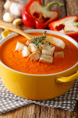 Wall Mural - Dietary cream soup with sweet pepper and croutons close-up. vertical