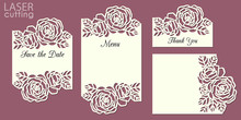 Laser Cut Wedding Invitation Cards Template Set With Roses Patterned Frame. Wedding Or Greeting Cards Kit For Cutting.