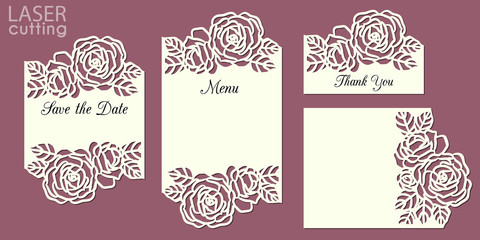 Wall Mural - Laser cut wedding invitation cards template set with roses patterned frame. Wedding or greeting cards kit for cutting.