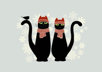 Christmas card with cute cartoon black cats and snowflake