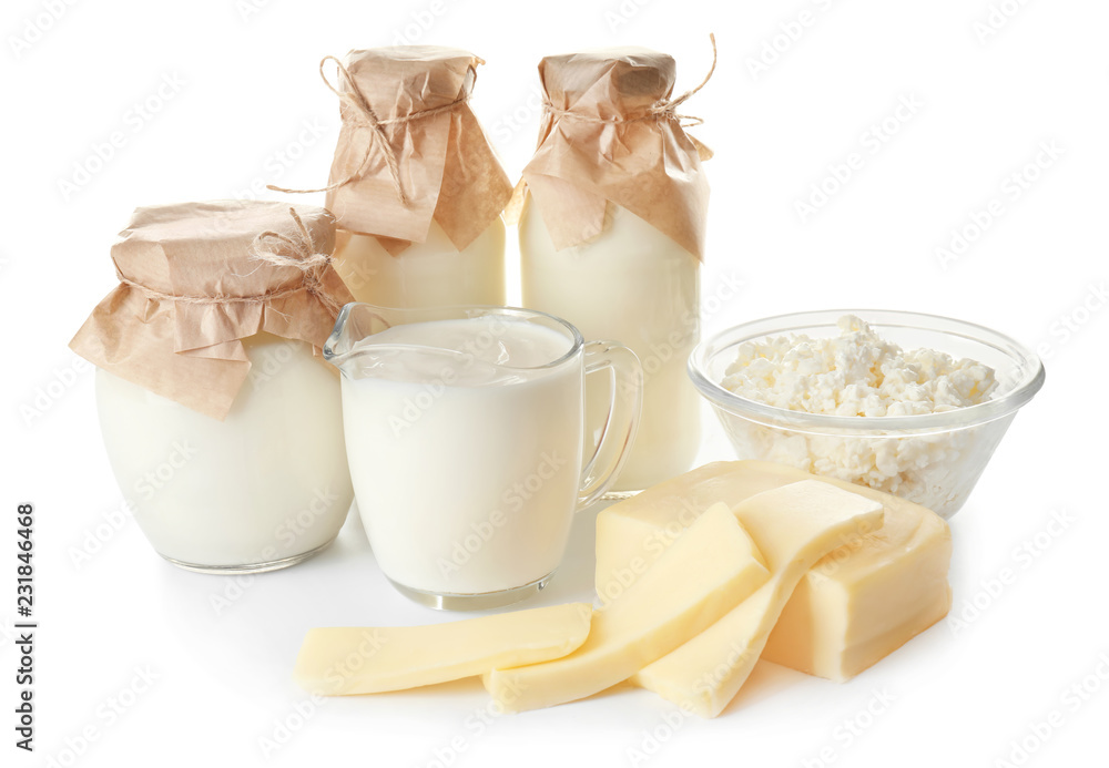 Different milk products on white background