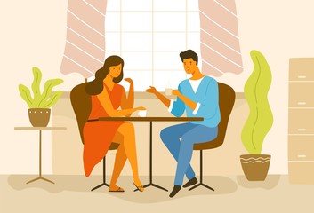 Wall Mural - Cute romantic couple sitting at cafe table. Boyfriend and girlfriend drinking coffee and talking. Young man and woman in love on date. Colorful modern vector illustration in flat cartoon style.