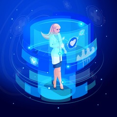 Wall Mural - isometric doctor works on a virtual screen, monitors, set 5, remote controls medical devices for lif