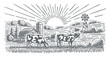 Cows grazing in a farmland landscape engraving style illustration. Vector, isolated.	