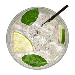 Poster - Gin tonic, Caipirinha top view, Mojito cocktail from top, vodka or soda drink with lime, mint and straw isolated on white background including clipping path.