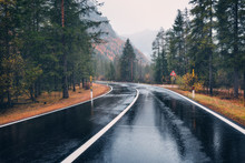 Road In The Autumn Forest In Rain. Perfect Asphalt Mountain Road In Overcast Rainy Day. Roadway With Reflection And Pine Trees In Italian Alps. Transportation. Empty Highway In Foggy Woodland. Trip