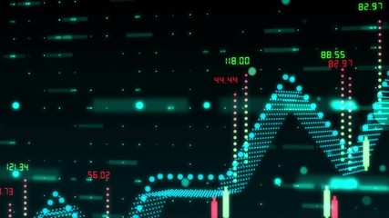 Wall Mural - digitally animated background with 3d financial bar graph made of holographic dots and figures illus