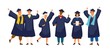 © Good Studio - Group of happy graduated students wearing academic dress, gown or robe and graduation cap and holding diploma. Boys and girls celebrating university graduation. Flat cartoon vector illustration.