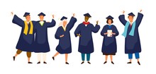 Group Of Happy Graduated Students Wearing Academic Dress, Gown Or Robe And Graduation Cap And Holding Diploma. Boys And Girls Celebrating University Graduation. Flat Cartoon Vector Illustration.