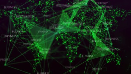 Wall Mural - motion graphics background with green plexus element with business goals signs rotating in dark virt