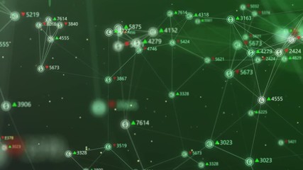 Wall Mural - motion graphics background with world currency signs connected with lines flying through green digit