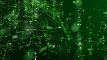 Wall Mural - animated abstract background with flight through green virtual space with neon lines and dots elemen