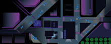 Night City In Neon Lights - Top View Vector Of Roads, Buildings In The Night