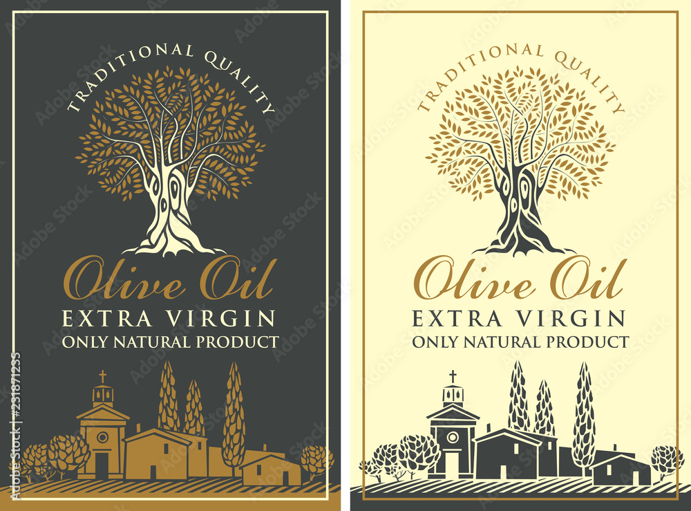 Set of vector banners or labels for extra virgin olive oil with olive ...