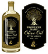 Vector label for extra virgin olive oil with handwritten calligraphic inscription, olive tree and olive sprig in figured frame on the black background in retro style. Template label on glass bottle