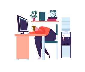 Wall Mural - tired business character sleeping in the office. exhausted worker falling asleep at work. lazy man s