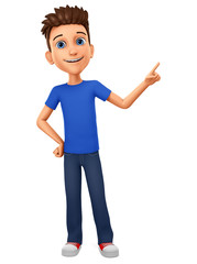 Wall Mural - The guy character points his finger at an empty space on a white background. 3d rendering. Illustration for advertising.