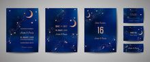 Mystical Night Sky Background With Half Moon And Stars. Wedding Moonlight Night Invitation And Save The Date Card In Vector