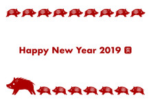 2019年亥年の年賀状イラスト: 猪とうり坊模様（赤）