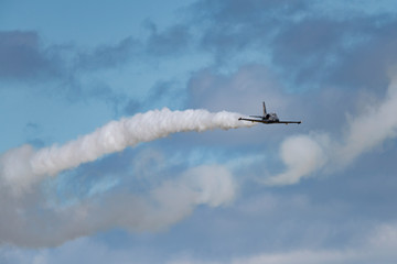 Aerobatic team Russ on aircraft L-39 Albatross performs the program at the air show