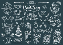 Cute Decorations For Wedding Invitations, Overlays With Text Save The Date. Vector Collection Of Handwritten Catchwords.
