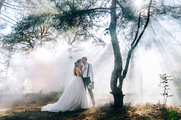 Wall Mural - bride and groom on the background of fairy fog in the forest. Rustic wedding concept