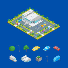 Sticker - Supermarket or Shop Building Concept and Elements 3d Isometric View. Vector