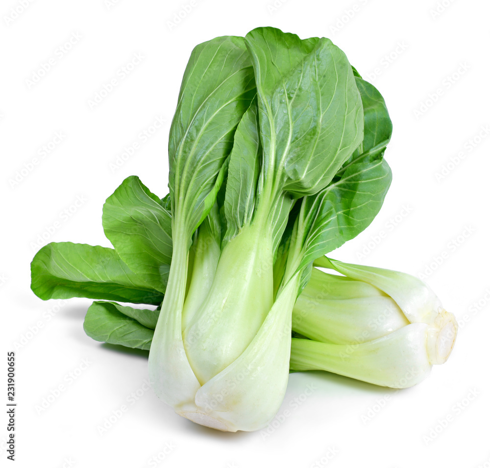 Fresh pak choi cabbage or chinese cabbage, isolated on white background. Fresh, green vegetable, close-up shot. Healthy lifestyle theme, kitchen scene. - obrazy, fototapety, plakaty 