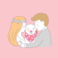 Wall Mural - Cartoon cute Bride kiss groom and dog vector.