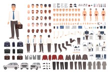 Elegant Office Worker Or Clerk Creation Set Or DIY Kit. Collection Of Body Parts, Stylish Business Clothes, Faces, Postures. Male Cartoon Character. Front, Side, Back Views. Vector Illustration.