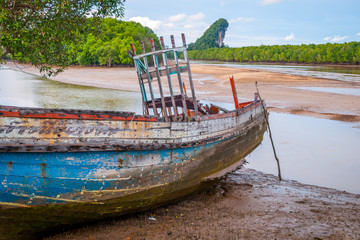 Sticker - Old boat at Krabi river, Thailand