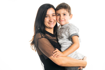 A mother and son on studio white background